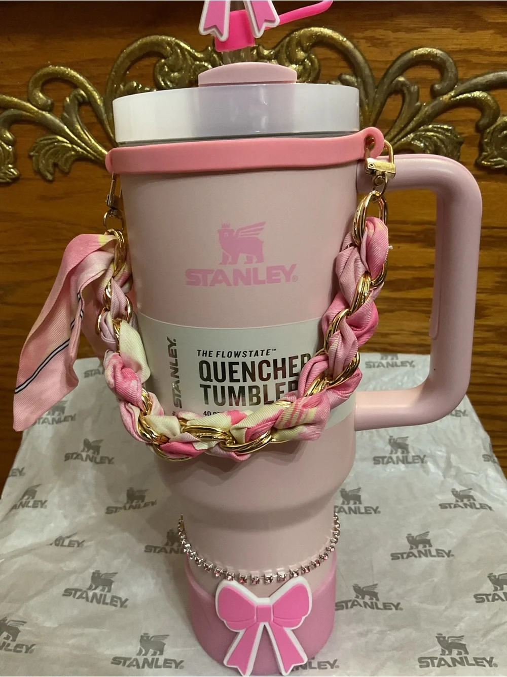 Stanley Pink Kids Quench Tumbler with Bow Charm and Braided Strap